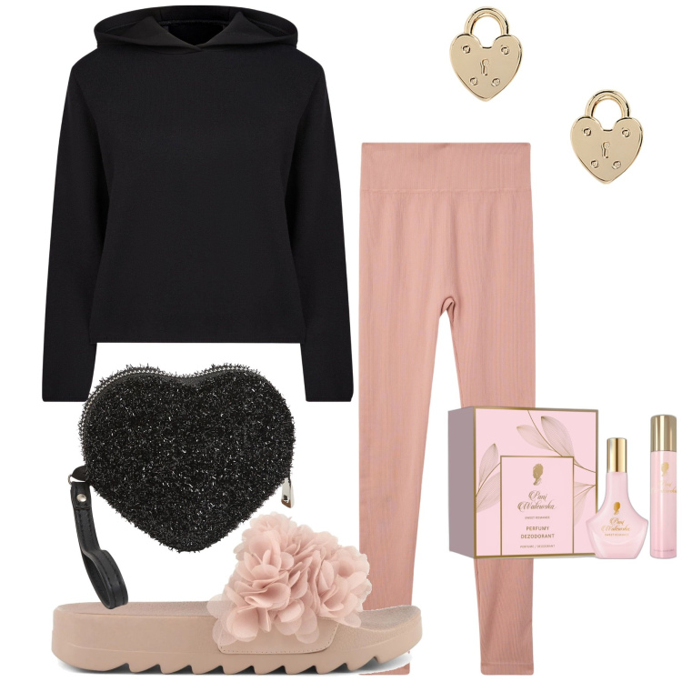 Outfit donna - Hearts at home. Stile Bon Ton per Tutti i giorni. Abbinamento con profumi, portafogli, leggings, orecchini, ciabatte, maglieria.