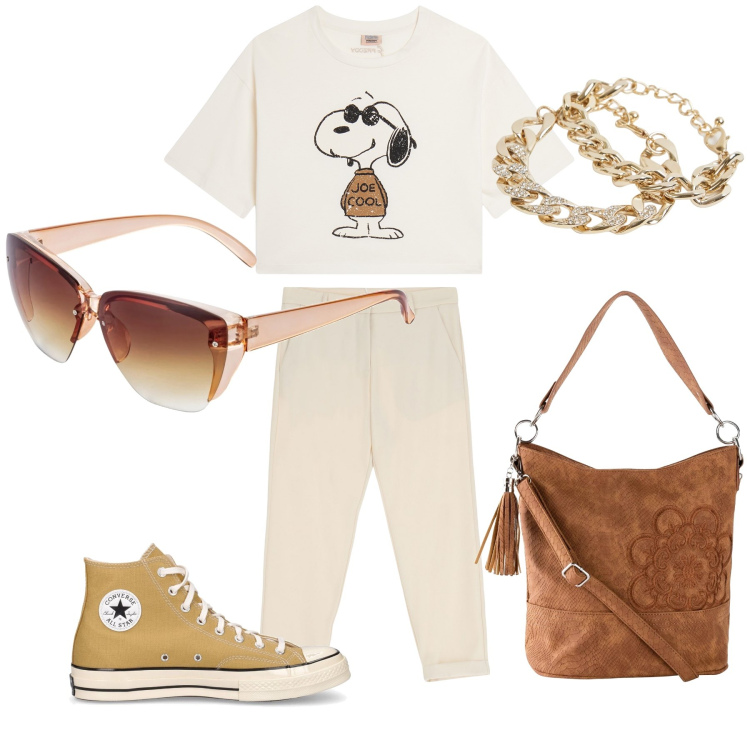 Outfit donna - Primavera con Snoopy. Stile Basic per Tutti i giorni. Abbinamento con borse a mano, occhiali da sole, braccialetti, pantaloni chino, t-shirt, sneakers.
