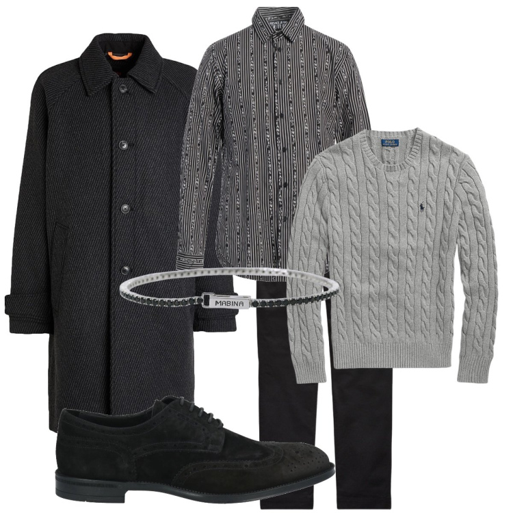 Outfit uomo - Uomo in carriera. Stile Business/Elegante per Ufficio. Abbinamento con scarpe stringate, cappotti, camicie, braccialetti, pantaloni chino, maglieria.