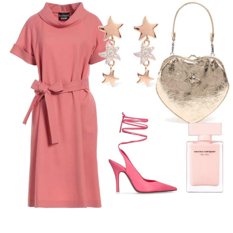Outfit donna - Abito chic e borsa a cuore. Stile Bon Ton per Cerimonia. Abbinamento con vestiti midi/longuette, profumi, pochette, orecchini, décolleté.
