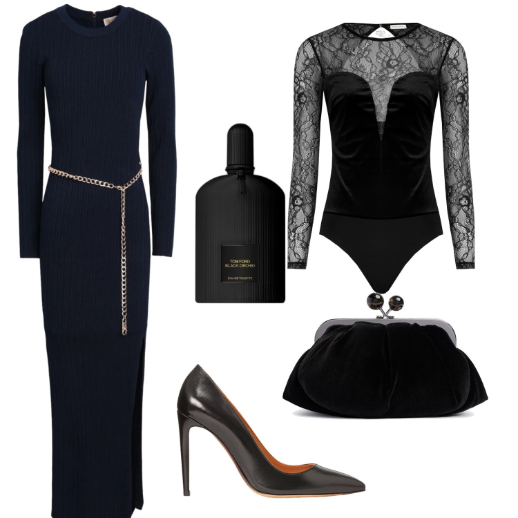 Outfit donna - La lingerie per San Valentino. Stile Chic per Serata fuori. Abbinamento con vestiti lunghi, profumi, body, décolleté, pochette.