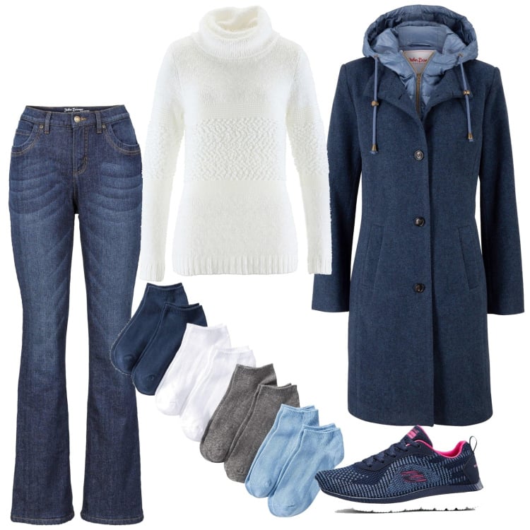 Outfit donna - Basici di Primavera. Stile Basic per Tutti i giorni. Abbinamento con cappotti, calzini, vestiti, jeans bootcut, sneakers.