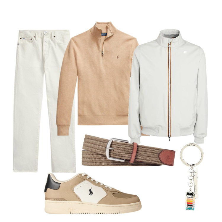 Outfit uomo - Colori chiari. Stile Trendy per Tutti i giorni. Abbinamento con portachiavi, giacche, cinture, jeans dritti, maglieria, sneakers.