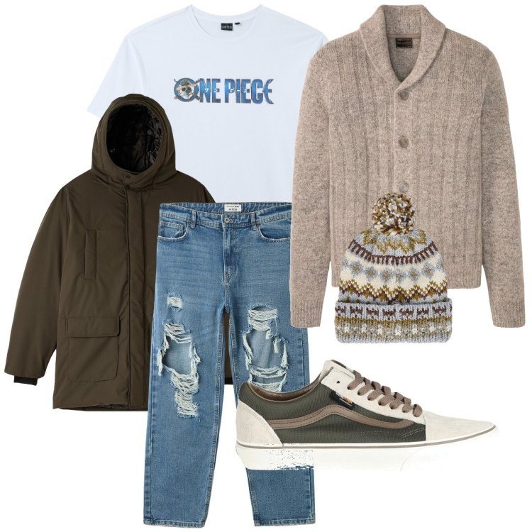 Outfit uomo - All’università. Stile Casual per Tutti i giorni. Abbinamento con cardigans, sneakers, parka, jeans strappati, t-shirt, berretti.