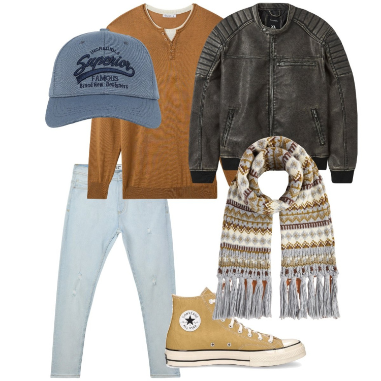 Outfit uomo - Oh yes. Stile Casual per Tutti i giorni. Abbinamento con cappelli con visiera, giacche, maglieria, jeans strappati, sneakers, sciarpe.