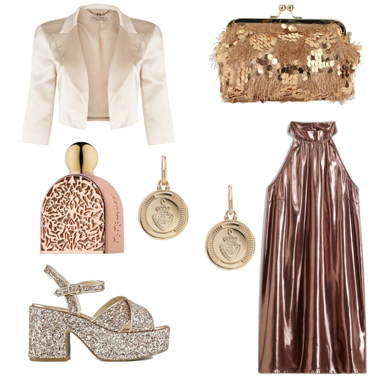 Outfit donna - Mescolare le epoche. Stile Vintage retrò per Serata fuori. Abbinamento con vestiti corti, profumi, bolero, borse a spalla, orecchini, sandali.