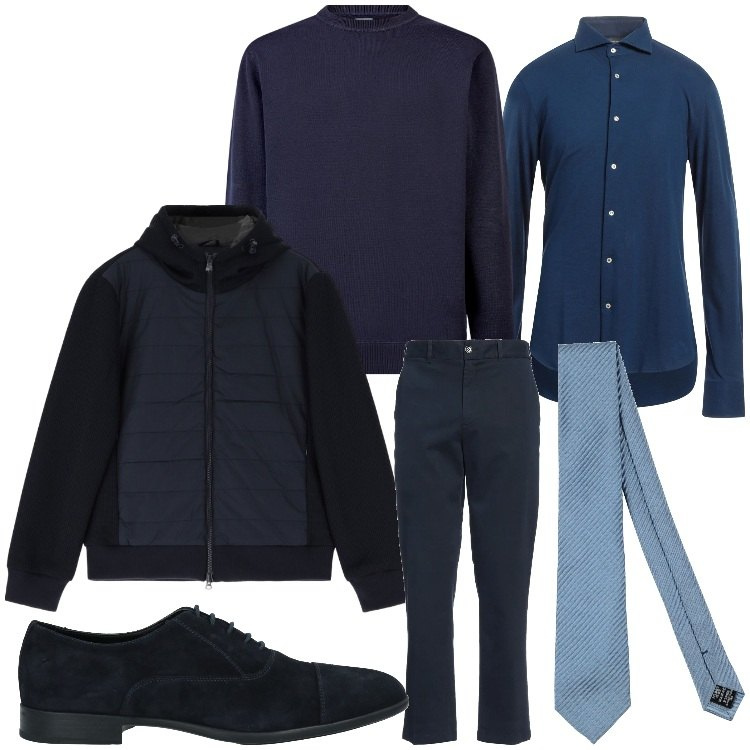 Outfit uomo - Perfettamente blu. Stile Business/Elegante per Ufficio. Abbinamento con camicie, pantaloni, scarpe stringate, cravatte, piumini, maglieria.