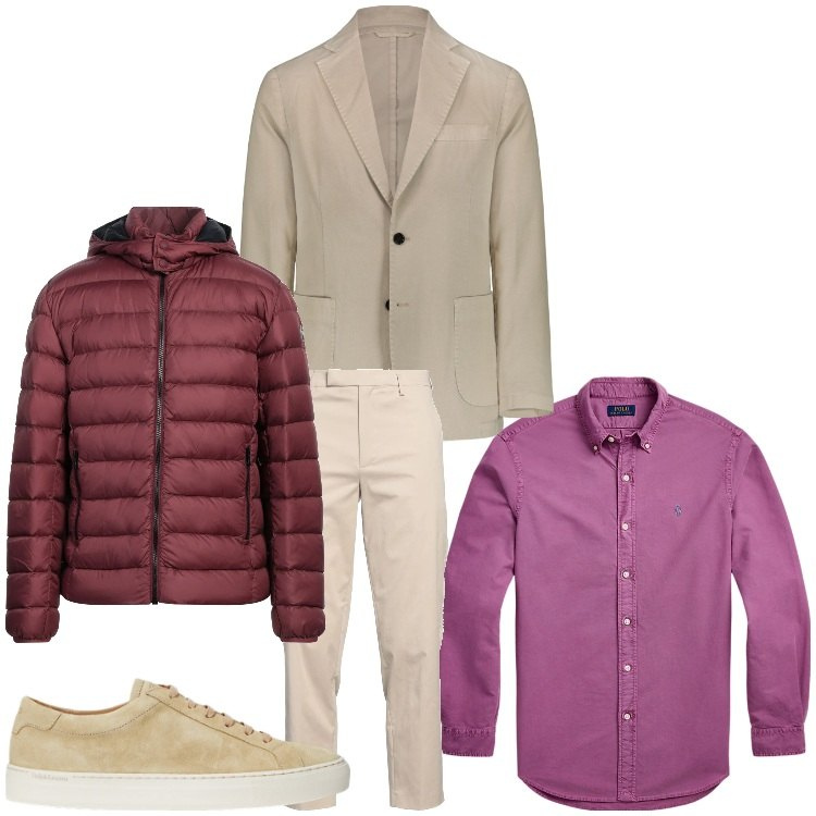 Outfit uomo - Sabbia e ciclamino. Stile Business/Elegante per Serata speciale. Abbinamento con pantaloni cargo, piumini, sneakers, camicie, giacche.