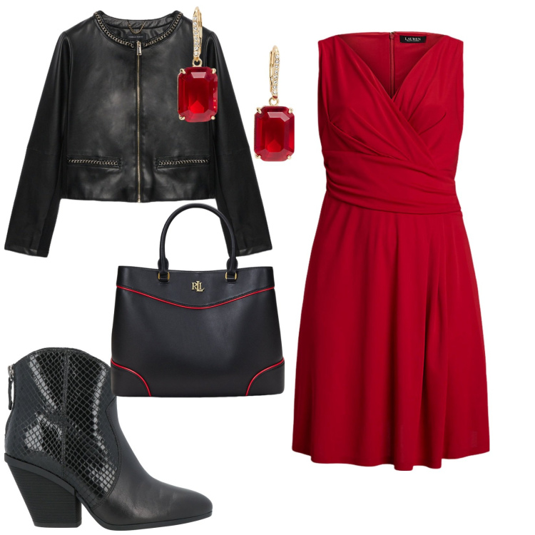 Outfit donna - San Valentino a pranzo. per Tutti i giorni. Abbinamento con stivaletti texani, vestiti, orecchini, borse a mano, blazer.