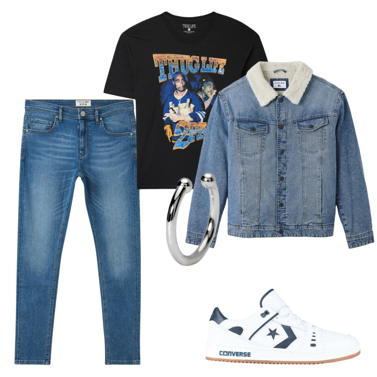 Outfit uomo - Boys city. Stile Trendy per Tutti i giorni. Abbinamento con sneakers, orecchini, t-shirt, giacche, jeans slim fit.