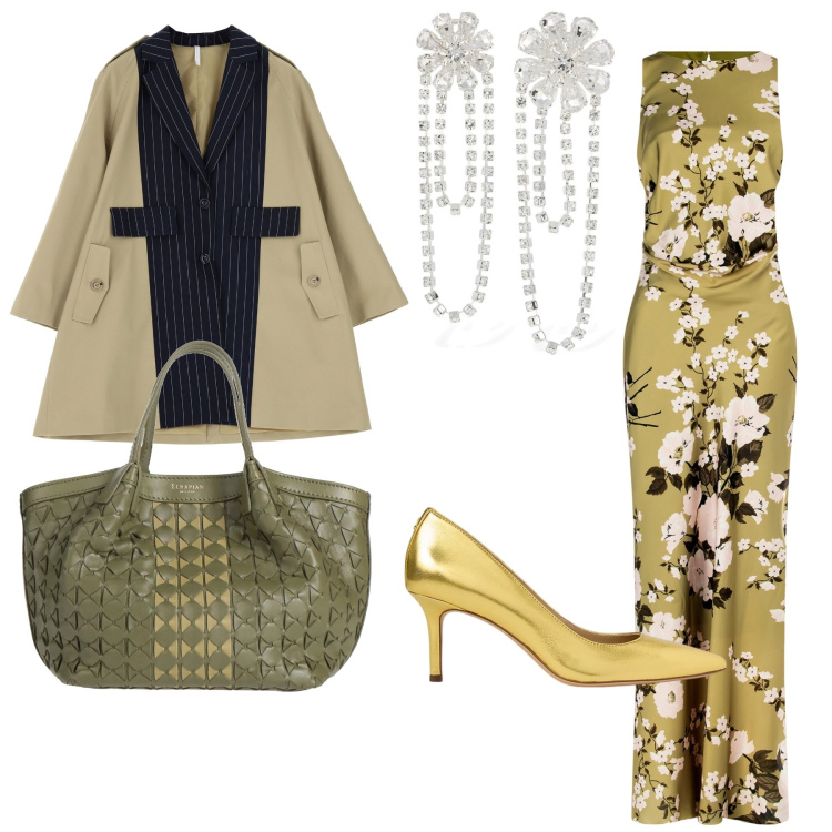 Outfit donna - Fiori in anticipo. Stile Chic per Cerimonia. Abbinamento con borse a mano, blazer, vestiti lunghi, décolleté, orecchini.