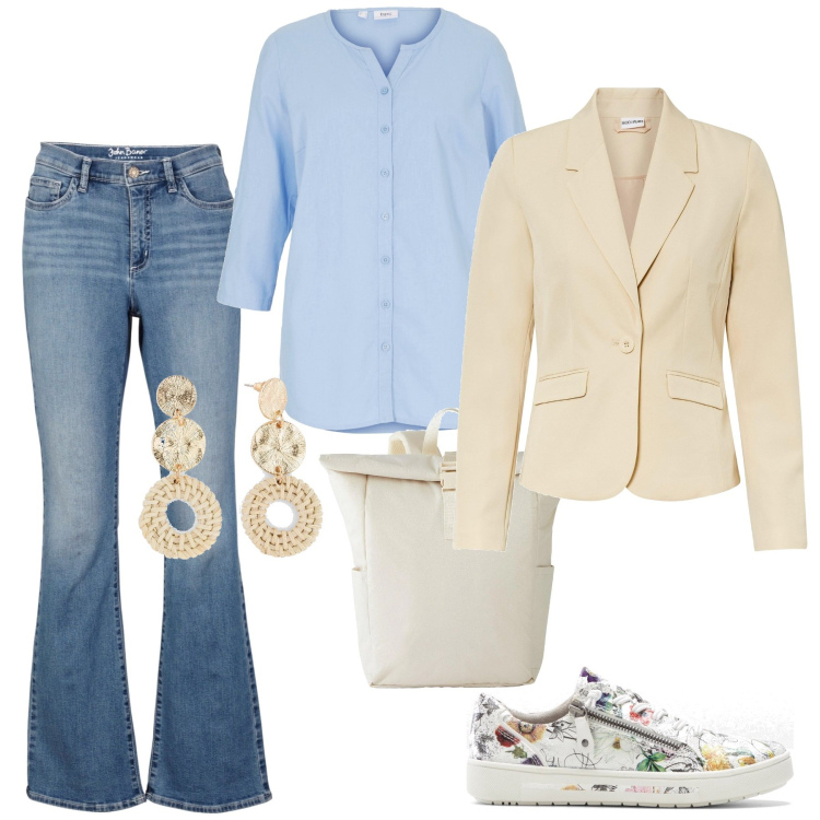 Outfit donna - Bonprix essentials. Stile Chic per Ufficio. Abbinamento con orecchini, jeans bootcut, blazer, camicie, sneakers, zaini.