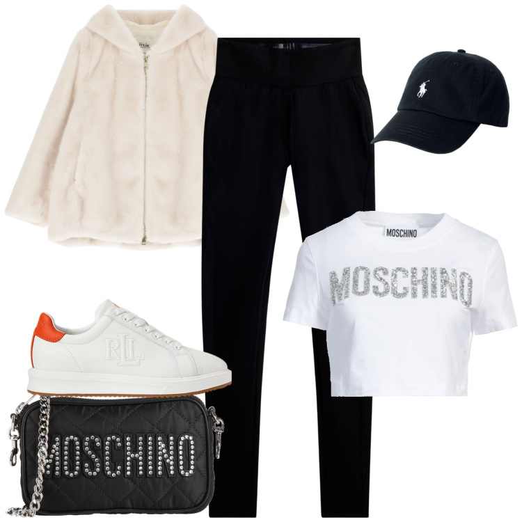 Outfit donna - Athleisure. Stile Casual per Tutti i giorni. Abbinamento con borse a tracolla, t-shirt, leggings, blazer, cappelli, sneakers.