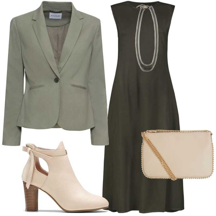 Outfit donna - Primavera in arrivo. Stile Chic per Ufficio. Abbinamento con blazer, stivaletti, borse a tracolla, vestiti midi/longuette, collane.