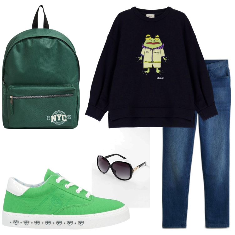 Outfit donna - Ranocchia style. Stile Casual per Tutti i giorni. Abbinamento con occhiali da sole, jeans boyfriend, sneakers, zaini, felpe.
