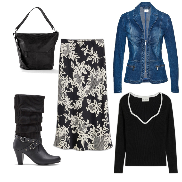 Outfit donna - Total look #2055898. Stile Casual chic per Tutti i giorni. Abbinamento con stivali, blazer, gonne, maglieria, borse a tracolla.