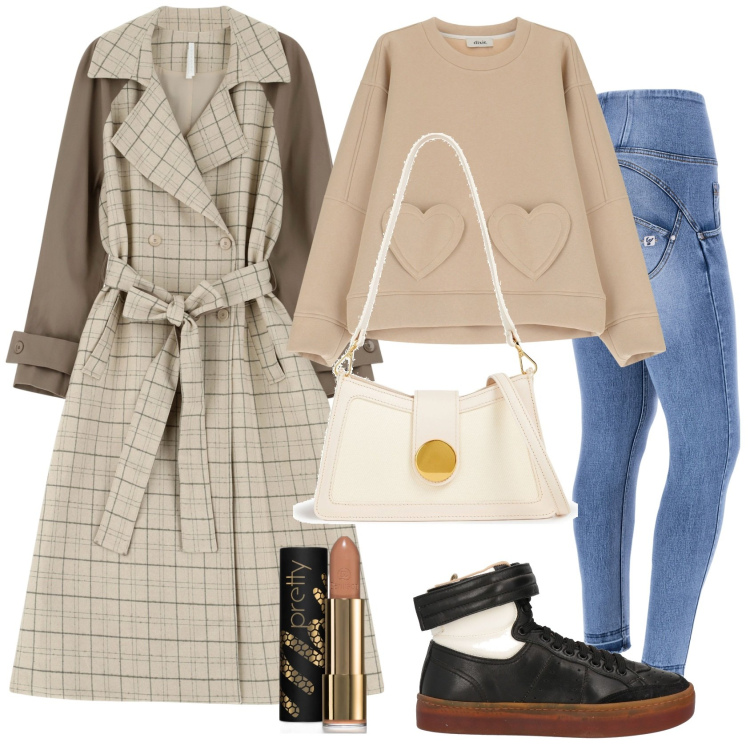 Outfit donna - Felpa, trench e un rossetto nude. Stile Sporty chic per Tutti i giorni. Abbinamento con sneakers, borse a spalla, rossetti, trench, jeans skinny, felpe.