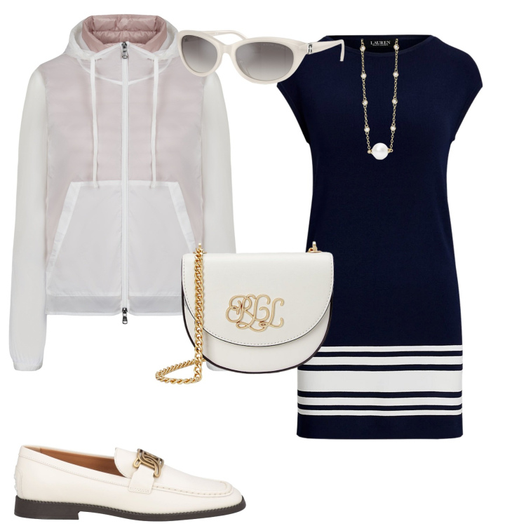 Outfit donna - Eleganza senza tempo. Stile Bon Ton per Tutti i giorni. Abbinamento con mocassini, collane, borse a tracolla, occhiali da sole, vestiti, blazer.