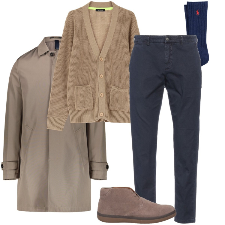 Outfit uomo - Il cardigan a coste. Stile Urban per Ufficio. Abbinamento con pantaloni chino, stivali e stivaletti, cardigans, calzini, giacche.