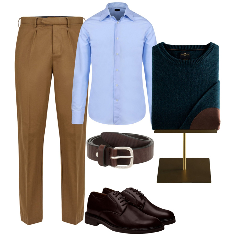 Outfit uomo - City. Stile Trendy per Tutti i giorni. Abbinamento con cinture, scarpe stringate, pantaloni, camicie, maglieria.