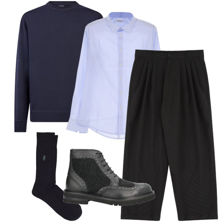 Outfit uomo - Elegante in blu e nero. Stile Business/Elegante per Serata speciale. Abbinamento con stivali e stivaletti, camicie, pantaloni, calzini, maglieria.