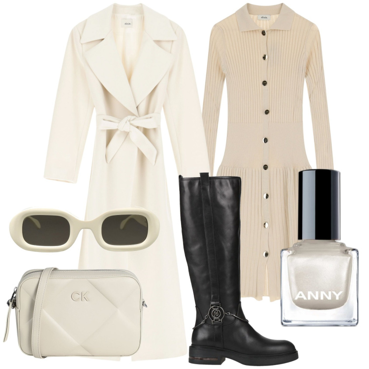 Outfit donna - Bianche sfumature. Stile Urban per Tutti i giorni. Abbinamento con stivali, borse a tracolla, occhiali da sole, smalti, vestiti midi/longuette, cappotti.