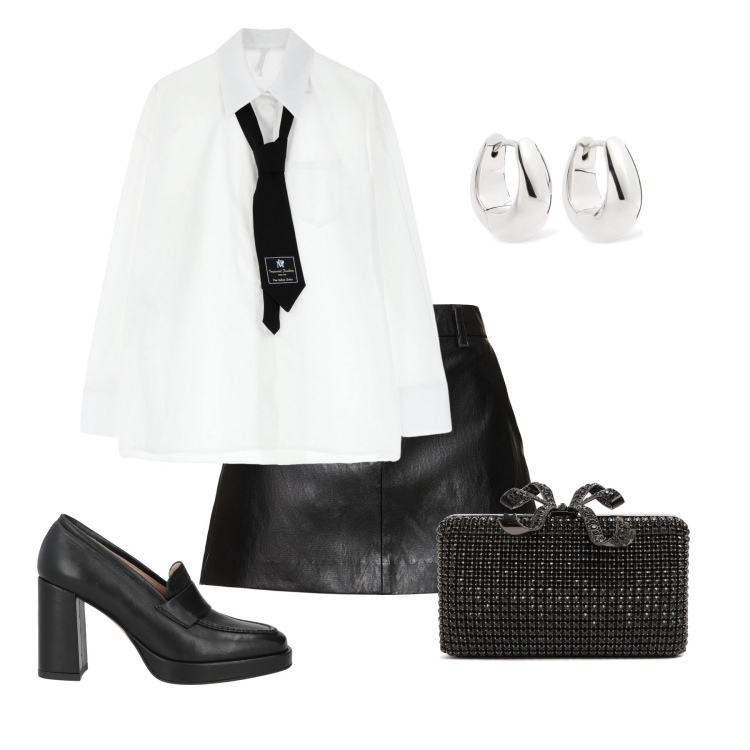 Outfit donna - Camicia con cravatta. Stile Glamour per Serata fuori. Abbinamento con mocassini, camicie, orecchini, pochette, minigonne.
