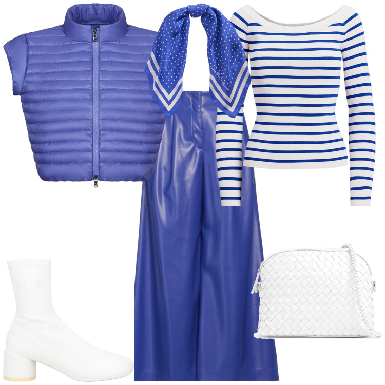 Outfit donna - Primavera 2025. Stile Sporty chic per Tutti i giorni. Abbinamento con pantaloni, stivaletti, maglieria, foulard, blazer, borse a spalla.