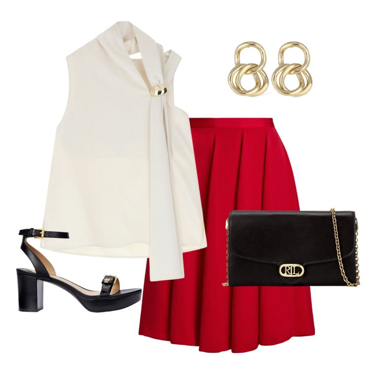 Outfit donna - Gonna rossa. Stile Chic per Cerimonia. Abbinamento con top, borse a tracolla, gonne, sandali col tacco, orecchini.