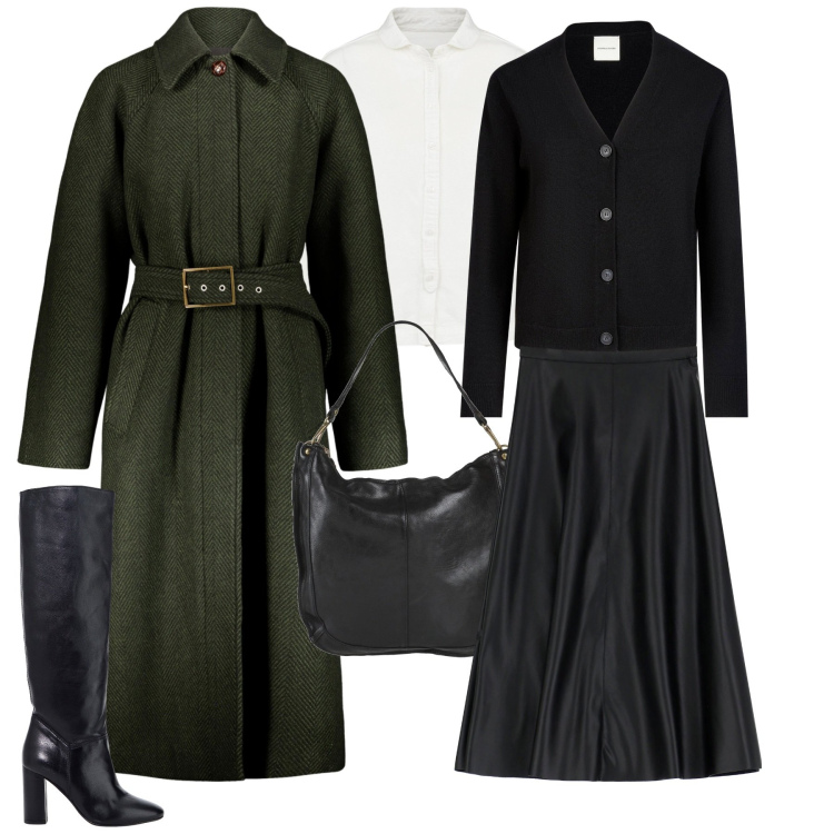 Outfit donna - City. Stile Minimal per Tutti i giorni. Abbinamento con borse a spalla, stivali, gonne longuette, cardigans, cappotti, camicie.