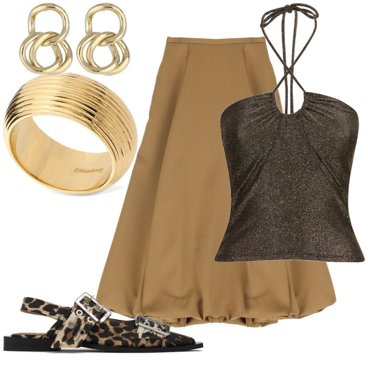 Outfit donna - Cene estive. Stile Glamour per Serata fuori. Abbinamento con gonne longuette, top, orecchini, ballerine, anelli.