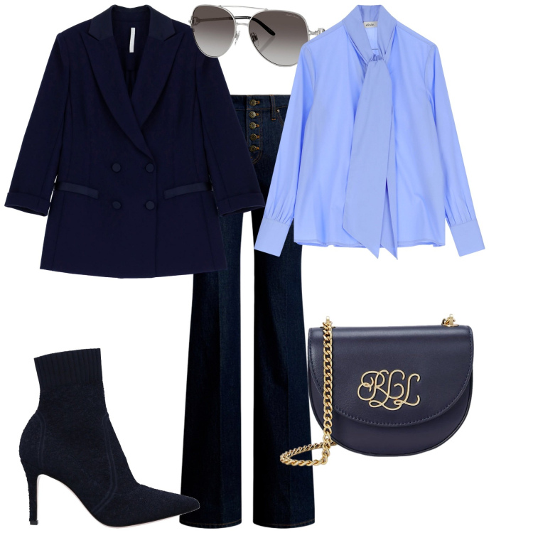 Outfit donna - Primavera 2025. Stile Sporty chic per Ufficio. Abbinamento con stivaletti, blazer, borse a tracolla, jeans, occhiali da sole, camicie.