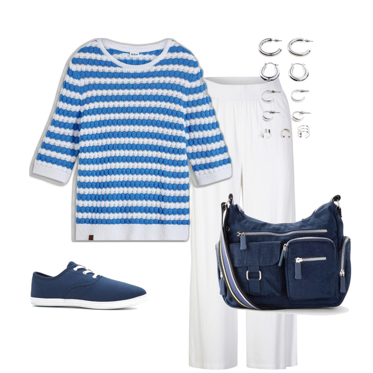 Outfit donna - In bianco e blu. Stile Casual per Tutti i giorni. Abbinamento con pantaloni, borse a tracolla, sneakers, maglieria, orecchini.