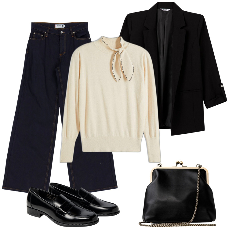 Outfit donna - Total look #2055959. Stile Mannish per Ufficio. Abbinamento con maglieria, blazer, jeans, clutch, mocassini.
