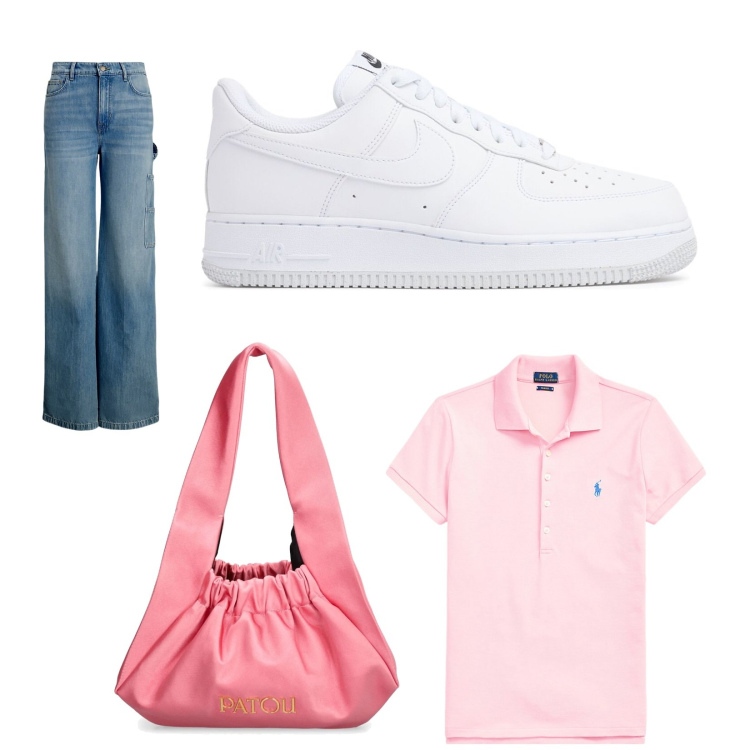 Outfit donna - Pink Casual. Stile Casual per Tutti i giorni. Abbinamento con polo, jeans, borse a spalla, sneakers.