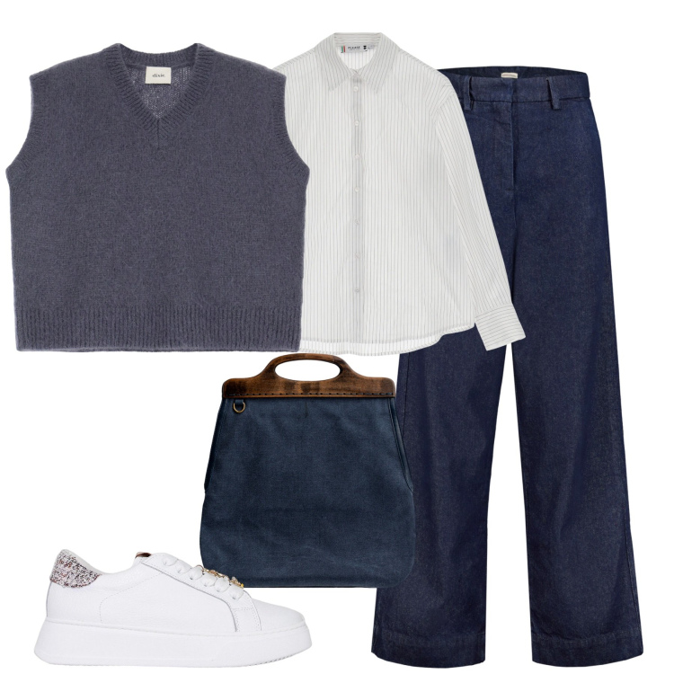Outfit donna - City. Stile Casual chic per Tutti i giorni. Abbinamento con camicie, sneakers, gilet, borse a tracolla, jeans.