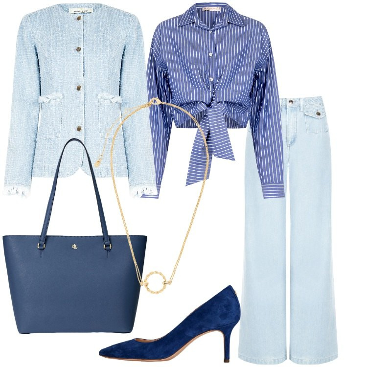 Outfit donna - Rinascimento - SS25. Stile Casual chic per Ufficio. Abbinamento con blazer, jeans dritti, camicie, borse tote, décolleté, ciondoli.