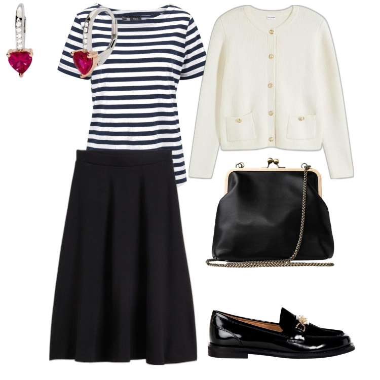 Outfit donna - Tutti al bar. per Tutti i giorni. Abbinamento con gonne longuette, t-shirt, cardigans, orecchini, mocassini, clutch.