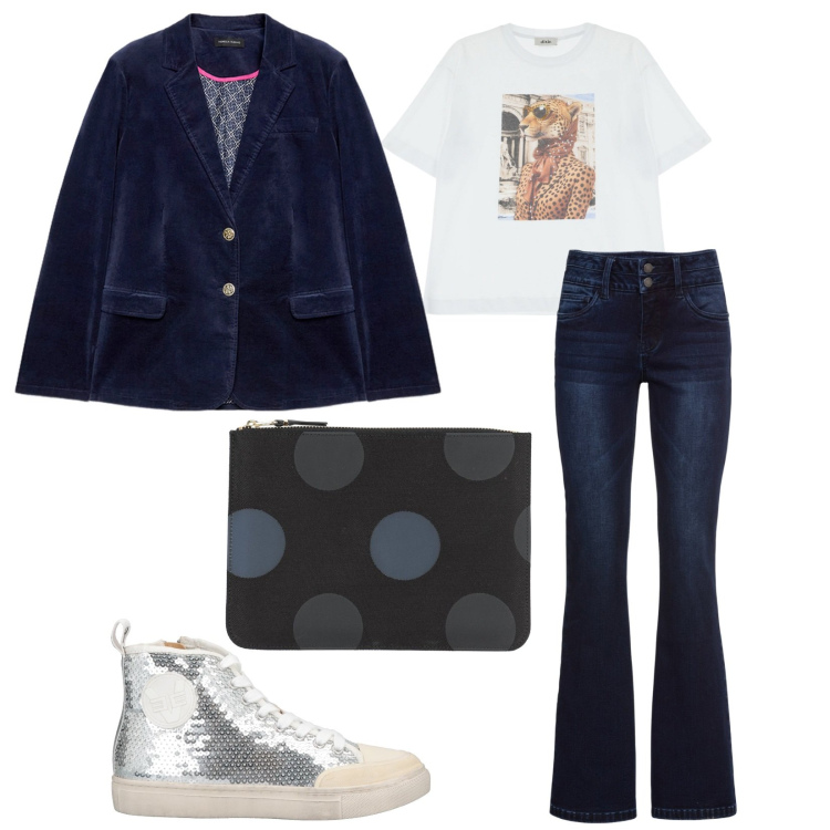 Outfit donna - La giacca di velluto blu. per Tutti i giorni. Abbinamento con jeans bootcut, sneakers alte, pochette, t-shirt, blazer.