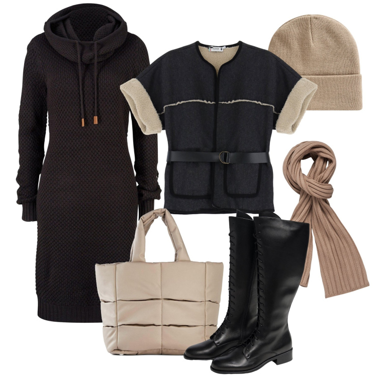 Outfit donna - Lo smanicato effetto montone. Stile Trendy per Tutti i giorni. Abbinamento con vestiti, borse a mano, berretti, blazer, sciarpe, stivali sopra il ginocchio.