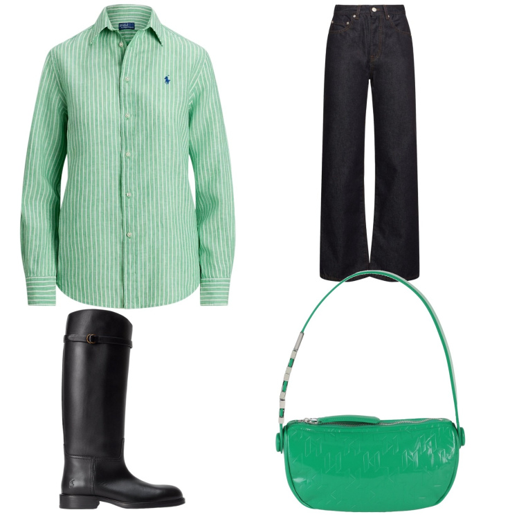 Outfit donna - Verde Verde. Stile Chic per Scuola/Università. Abbinamento con borse a mano, camicie, stivali, jeans dritti.