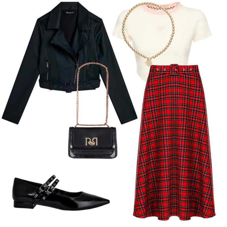 Outfit donna - Scozzese. per Tutti i giorni. Abbinamento con borse a tracolla, gonne longuette, giacche, ballerine, collane, t-shirt.