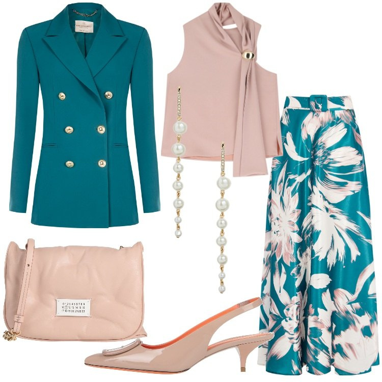 Outfit donna - Aria di primavera. Stile Romantica per Serata fuori. Abbinamento con décolleté, borse a tracolla, top, gonne lunghe, blazer, orecchini.