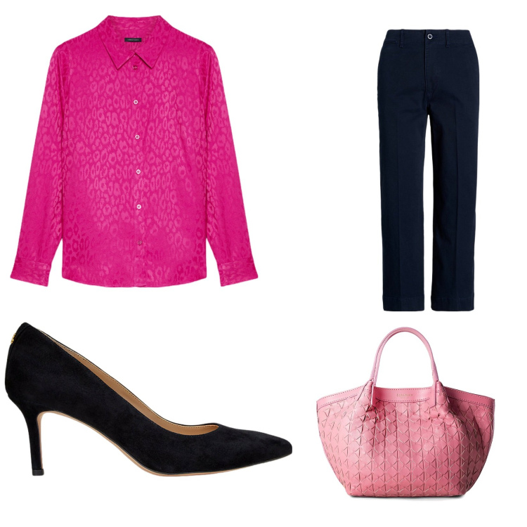 Outfit donna - Rosa e Tacchi. Stile Chic per Serata fuori. Abbinamento con borse a mano, décolleté, pantaloni, camicie.