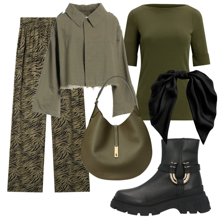 Outfit donna - Total look #2056007. Stile Casual per Tutti i giorni. Abbinamento con blazer, stivaletti, pantaloni, borse a spalla, foulard, t-shirt.