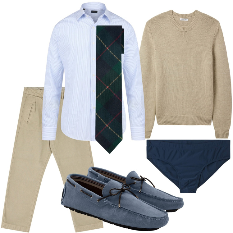 Outfit uomo - Mocassini night and day. Stile Urban per Ufficio. Abbinamento con maglieria, slip, pantaloni, camicie, cravatte, scarpe stringate.