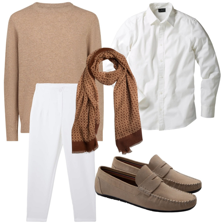 Outfit uomo - Toni chiari. Stile Casual per Tutti i giorni. Abbinamento con camicie, pantaloni chino, maglieria, scarpe stringate, sciarpe.