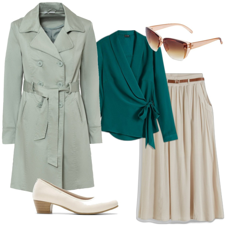 Outfit donna - Total look #2056025. Stile Trendy Abbinamento con trench, gonne lunghe, décolleté, occhiali da sole, camicie.