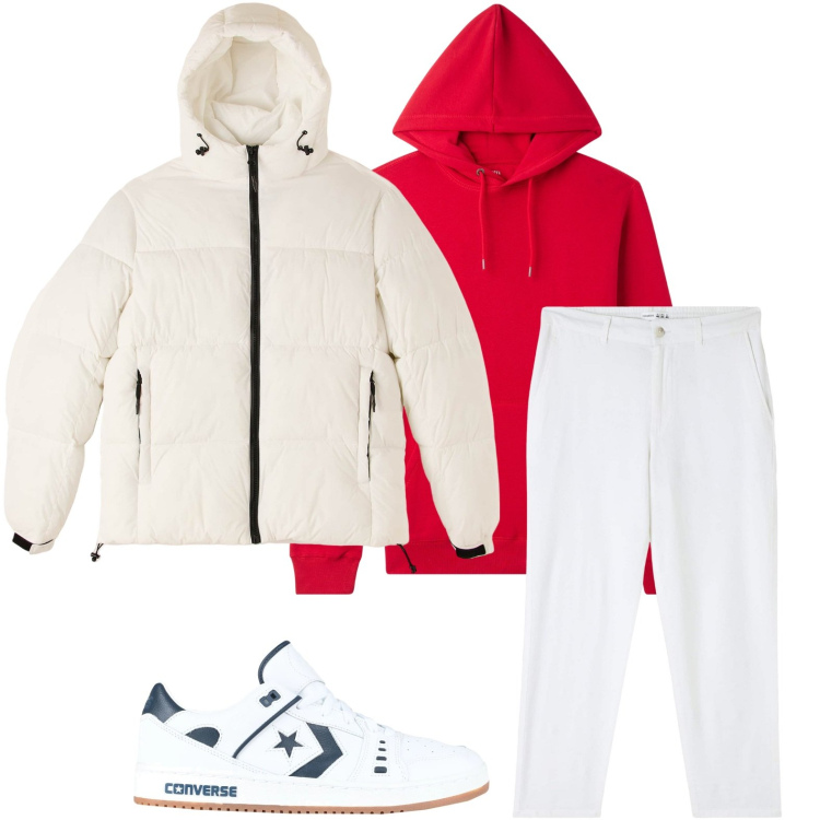 Outfit uomo - Casual chic. Stile Casual per Tutti i giorni. Abbinamento con sneakers, pantaloni, felpe con cappuccio, piumini.