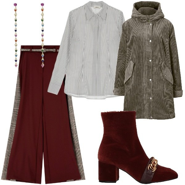 Outfit donna - Total look #2056036. Stile Casual chic per Serata fuori. Abbinamento con parka, stivaletti, orecchini, pantaloni, camicie.